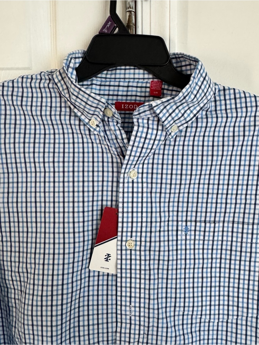 IZOD Men’s Large Shirt 100% Cotton Blue White Plaid Check Long Sleeve Button Up - Picture 6 of 11